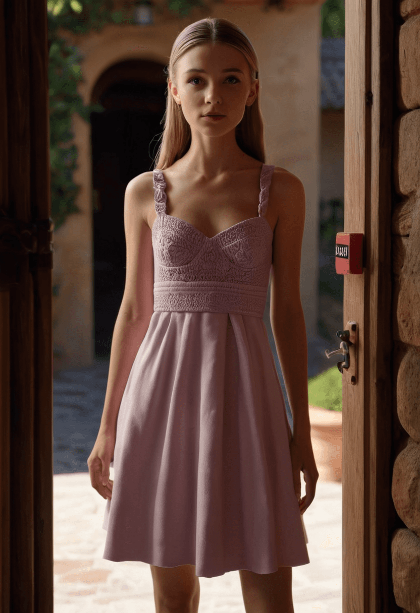 AI generated: play-doh style wearing a dress,standing in doorway,perfect face,beautiful face,lots of fine detail,o...