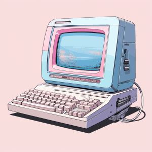 AI generated: A vintage illustration of a retro computer, vaporwave aesthetic, in the style of Jim Steranko, light...