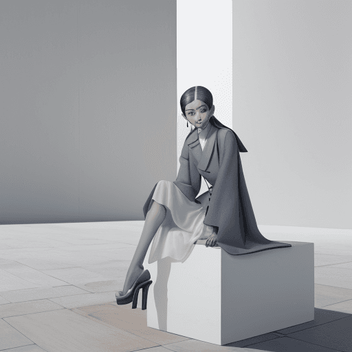 AI generated: a Myanmar woman sitting on top of a white cube, official jil sander editorial, blue and grey tones, ...