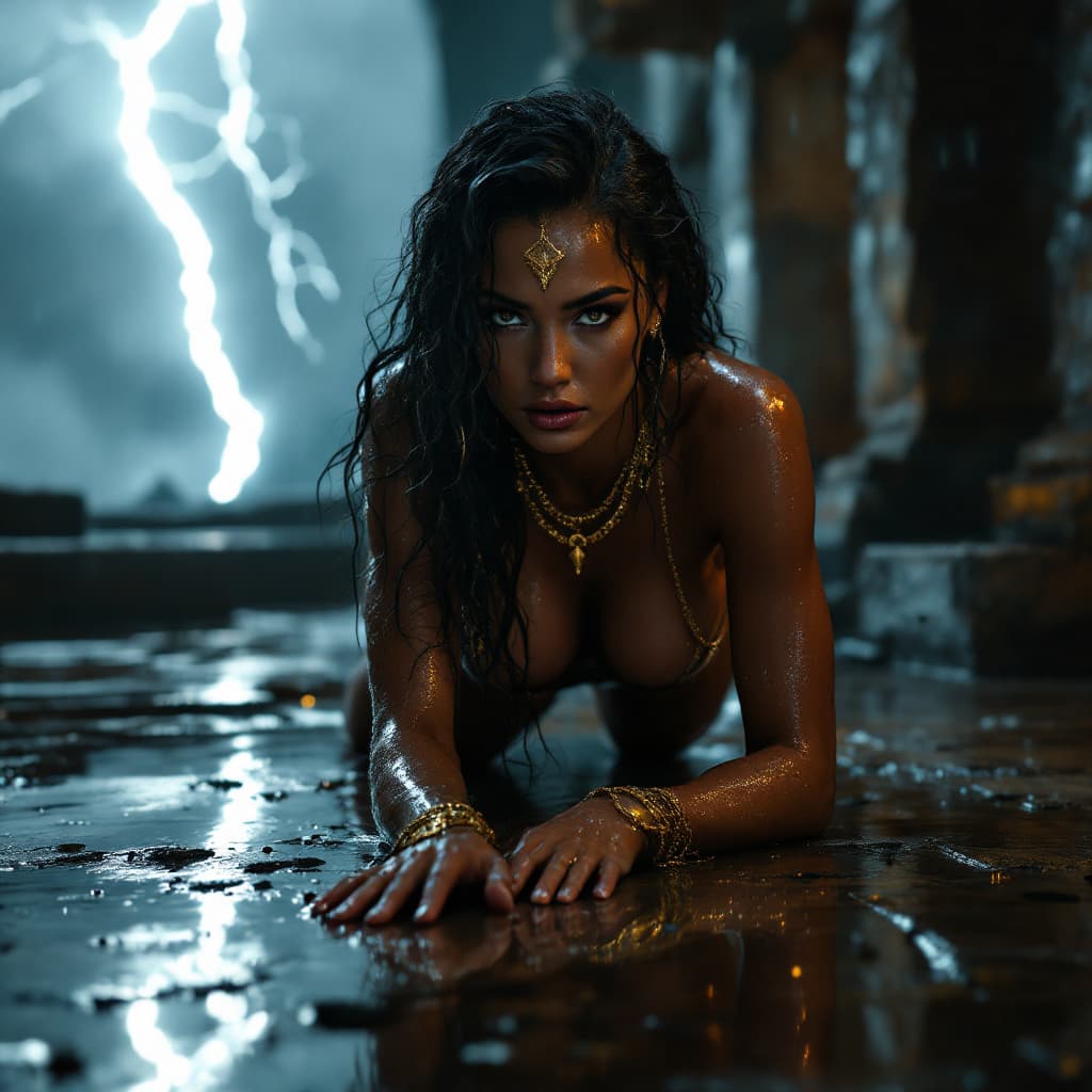AI generated: A hyper-realistic cinematic photo of a former Amazon warrior woman in a provocative, controlled craw...