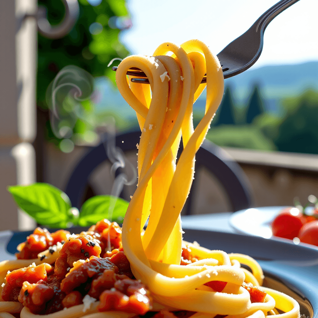 AI generated: Italian Pasta Perfection: A vibrant, sun-drenched shot of freshly made pasta (e.g., Tagliatelle al R...