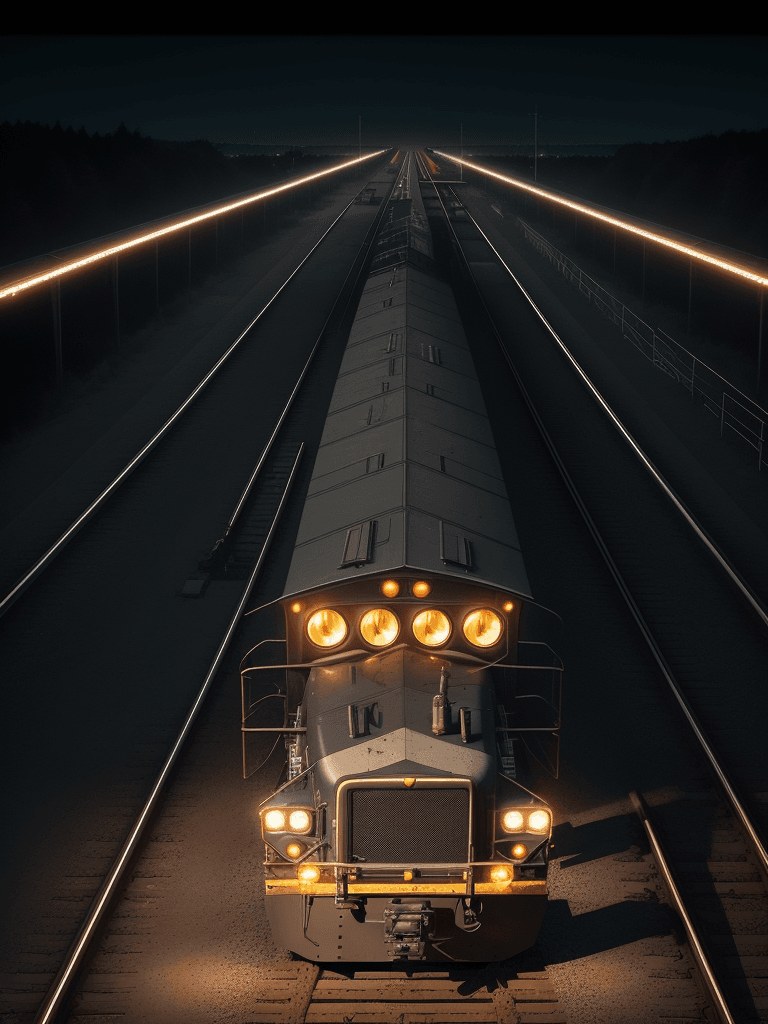 AI generated: bigblack  school bus in the middle of the night, looking straight down the track, glowing lights, ev...