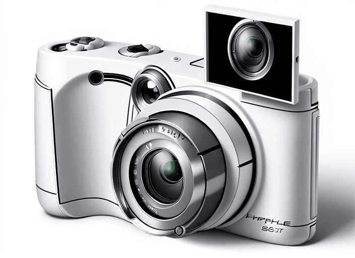 AI generated: Pocket digital camera with small integral and flush lens, infinite white surface, hyperrealistic, in...