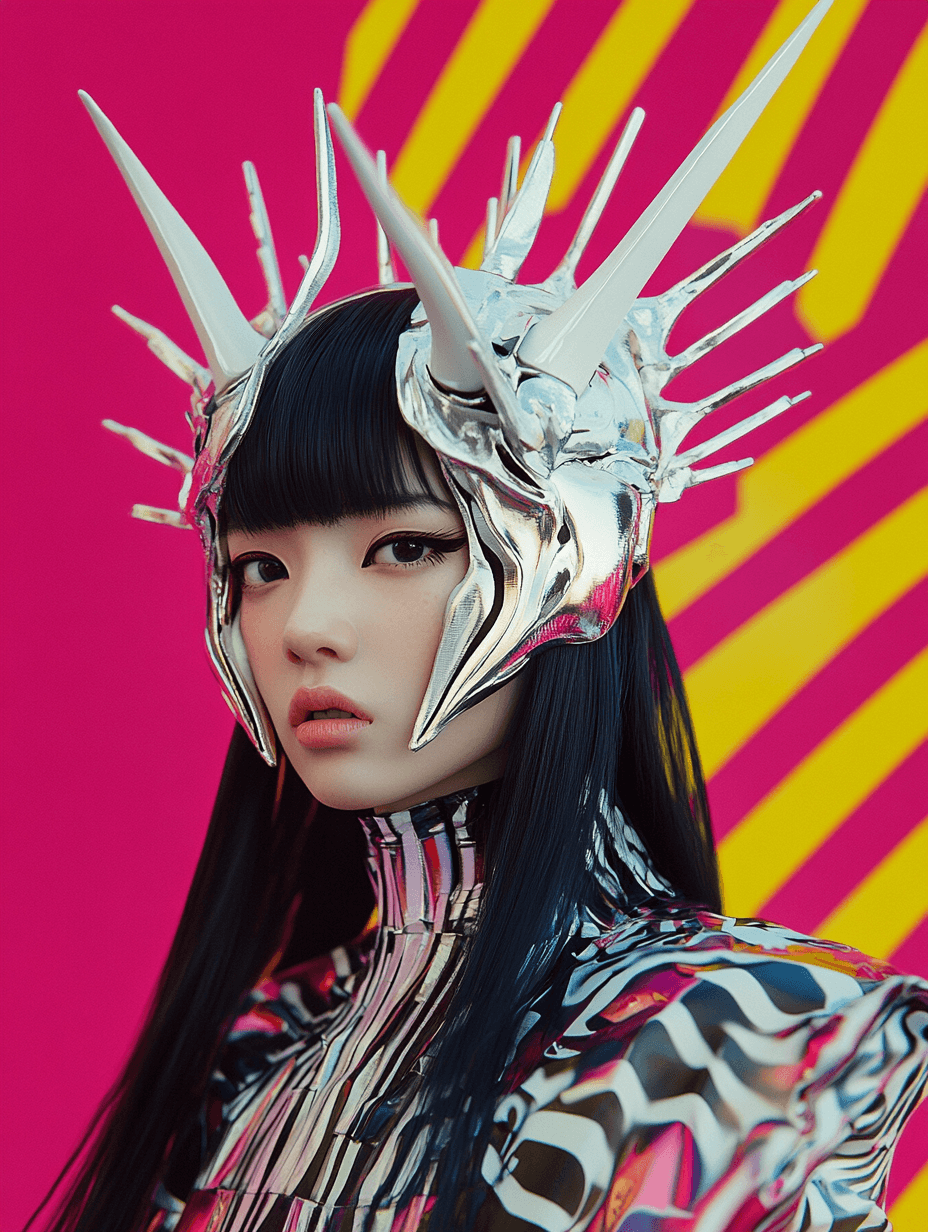AI generated: A Japanese woman with black hair and bangs, wearing futuristic cyberpunk attire and an elaborate dem...