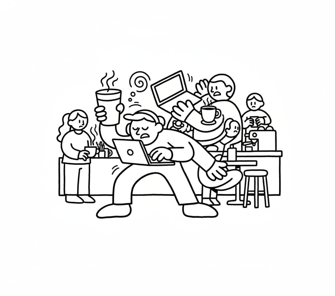 AI generated: Playful abstract black-and-white illustration of a freelancer working at coffee shop
, thick uneven...