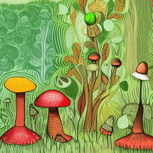 AI generated: forest, mushrooms, bottle, green, horizontal, 1511x520 resolution, vibrant Folk Art illustration