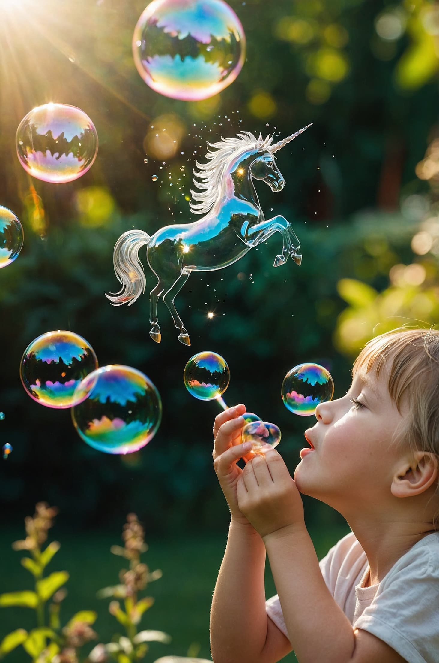 AI generated: A captivating cinematic photo of a boy joyfully vibrant soap bubbles, each one capturing the reflect...