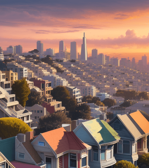 AI generated: San-Francisco Landscape, the roofs, tall terraces, houses, parks, sunset, Clouds, 4K, bright colors