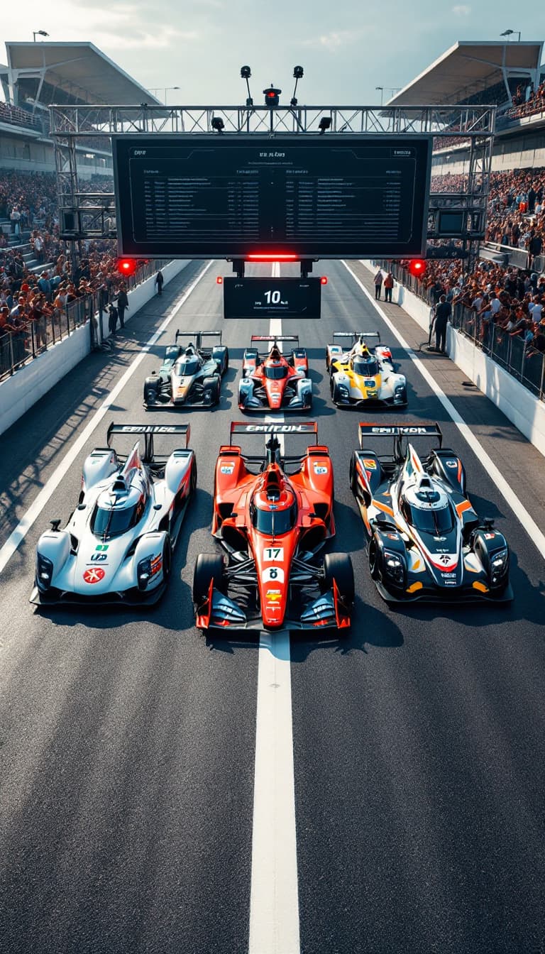 AI generated: Summer. At the start of the race track, (White stripe across the track) there are 5 (five) racing ca...