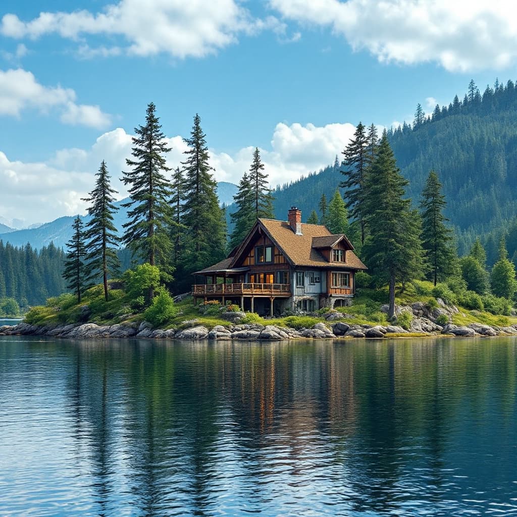 AI generated: A house on a hill surrounded by water and trees