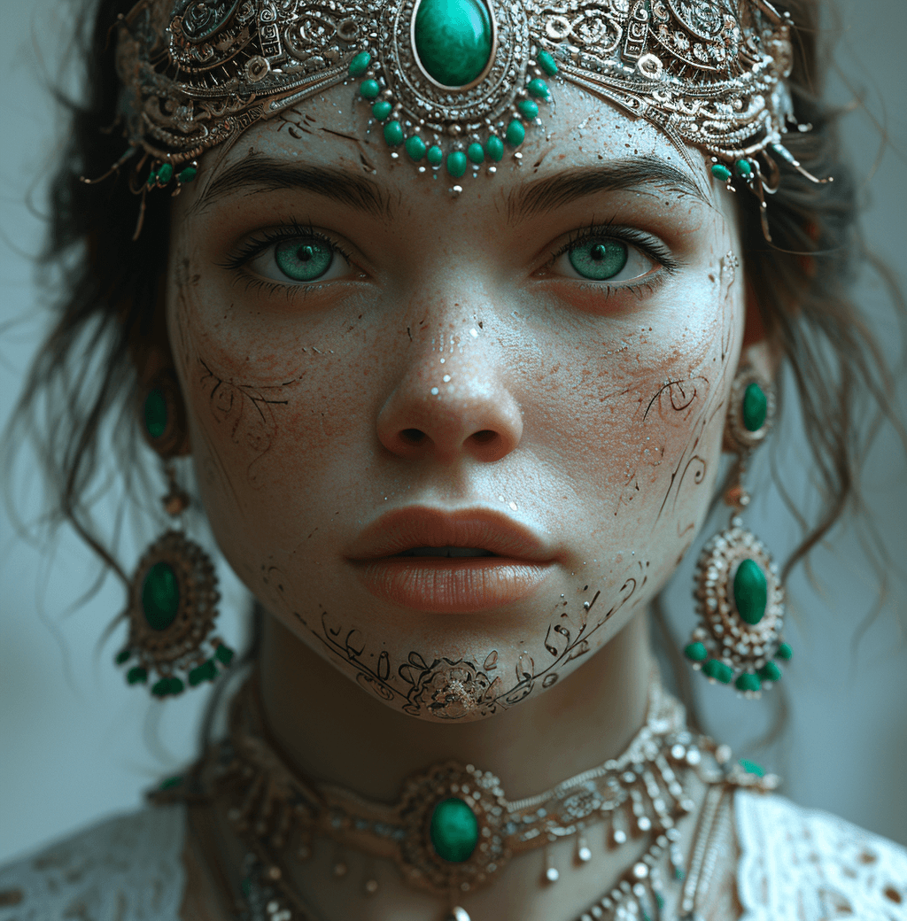 AI generated: a woman with green eyes and tattoos, in the style of intricate black and white illustrations, fantas...