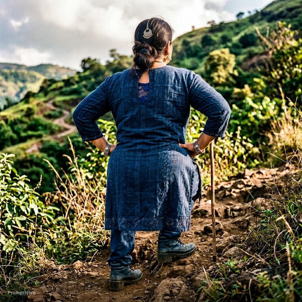AI generated: plus-size indian aunty  closeup .climbing hill.back  View from low angle.jeavy thighs. Warm,s eye vi...