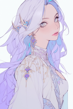 AI generated: Eye-level Shot of an anime supernatural being with ethereal lavender hair wearing a celestial-blue a...