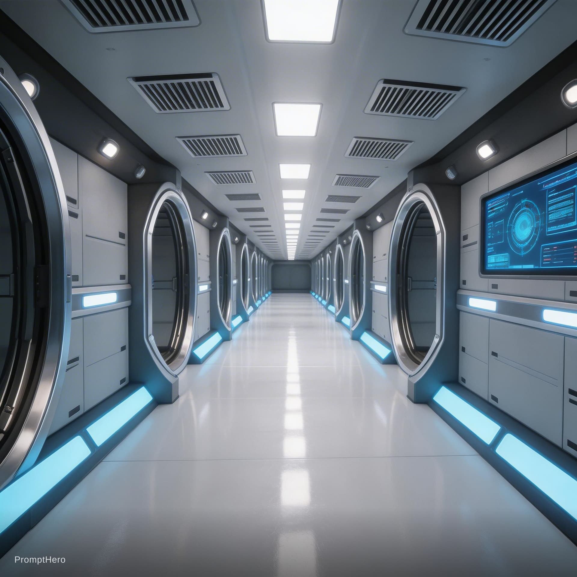 AI generated: Sci-Fi scene. Combind elements of these two reference images. Wall shap and composition, floor light...