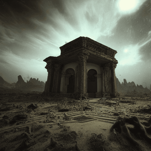 AI generated: surreal, ancient alien, abandoned temple on exoplanet, wrecked technology, dark clouds, surreal aban...