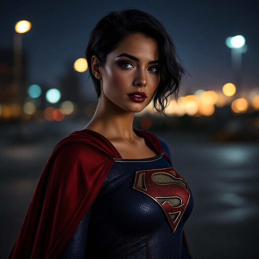 AI generated: photo of supergirl in a supergirl costume with a red cape on her back, black hair, short hair, tan s...