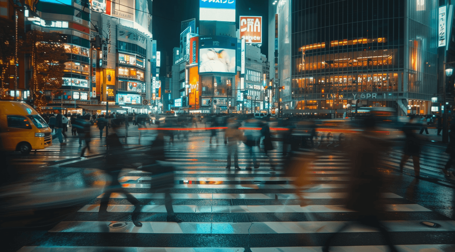 AI generated: A crossroads in Tokyo at the beginning of the night with many people crossing the zebra crossing, di...