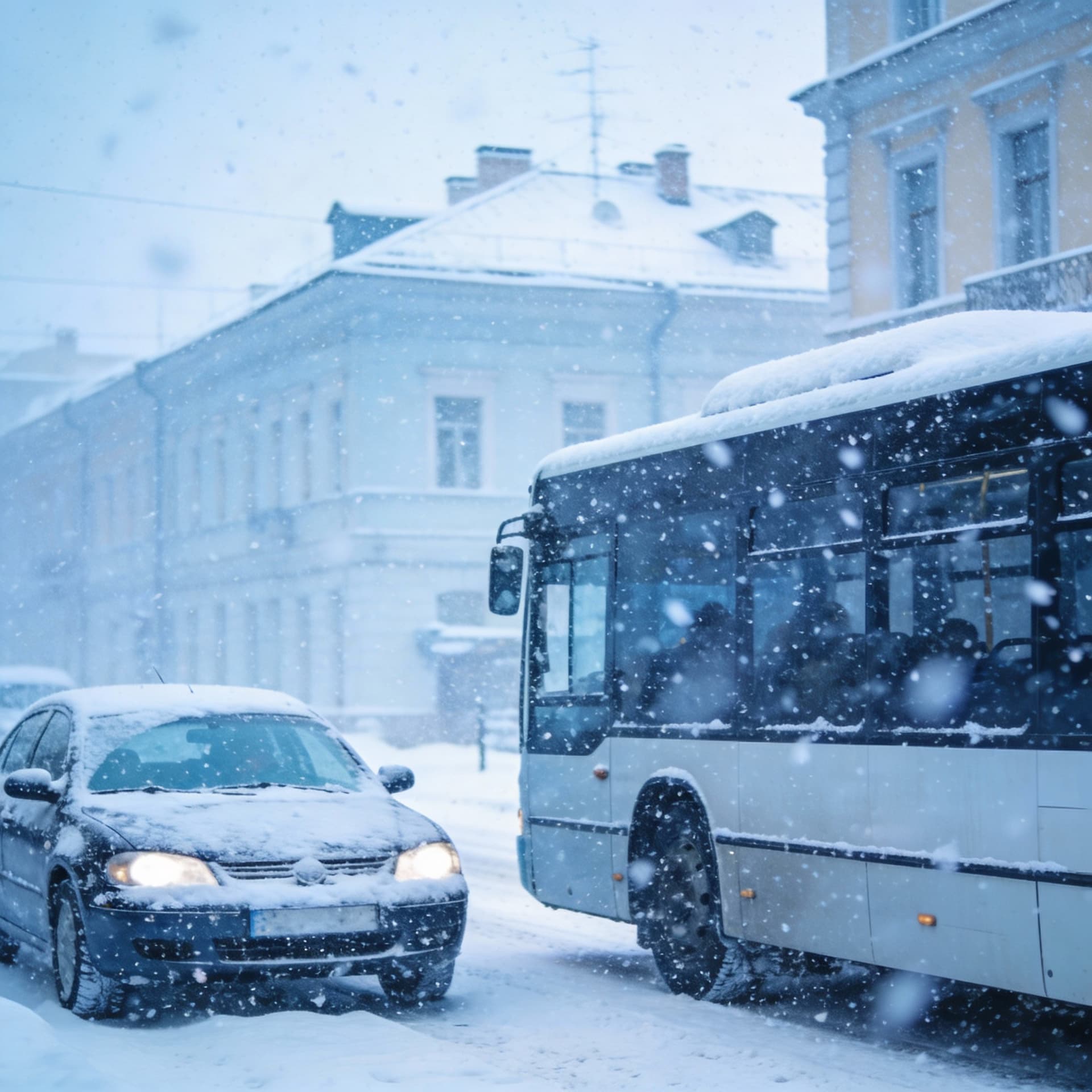 AI generated: Preserve the car, the bus and the buildings. Let it snow