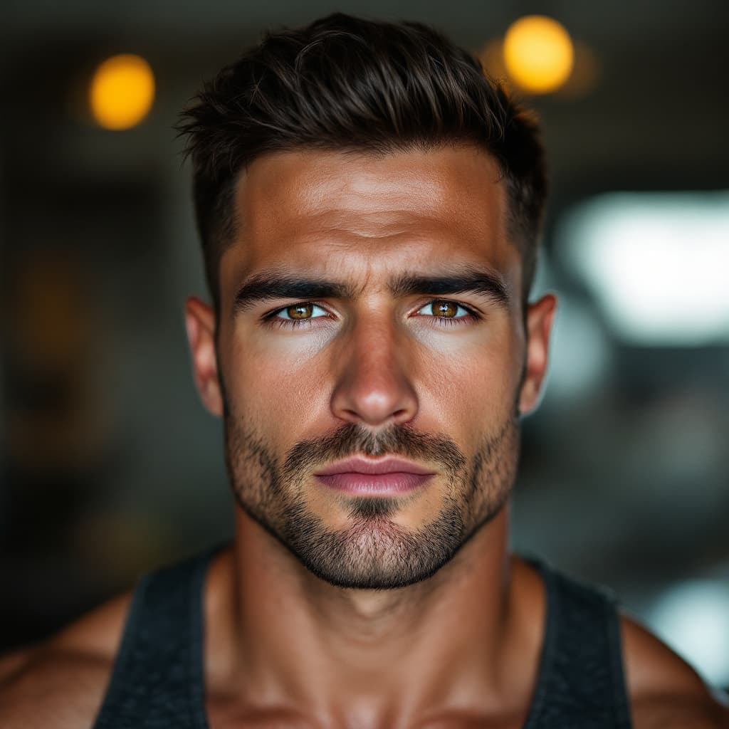 AI generated: A male in his 20's,muscular, face is very masculine.  the width of his chins is wide,his eyes are ho...