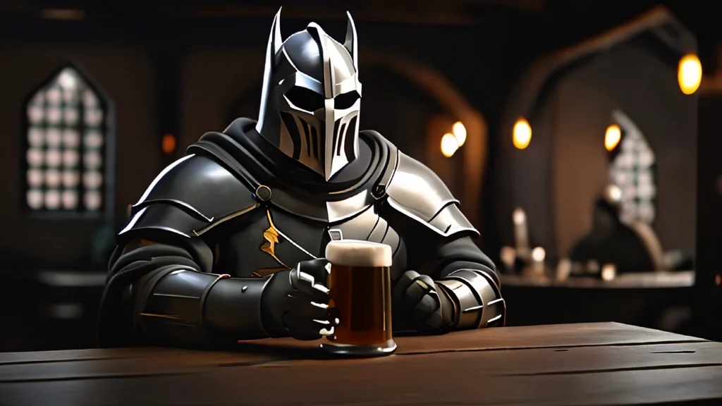 AI generated: Sir Batman, knight of camelot, drinking out of a mug, 4k
