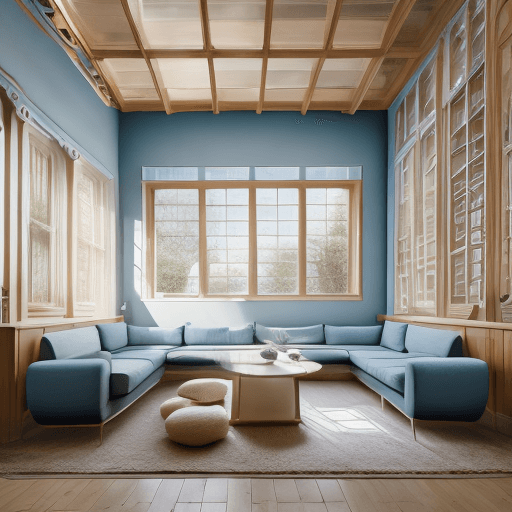 AI generated: High resolution photography interior design, dreamy sunken living room conversation pit, wooden floo...