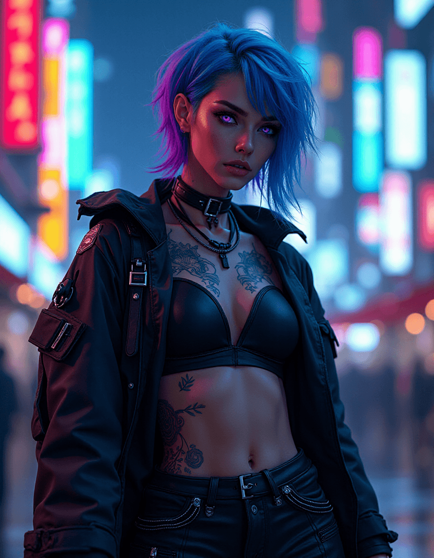 AI generated: A 24-year-old female in a neon-drenched cyberpunk cityscape. She stands 5'8" with a lean, athletic b...