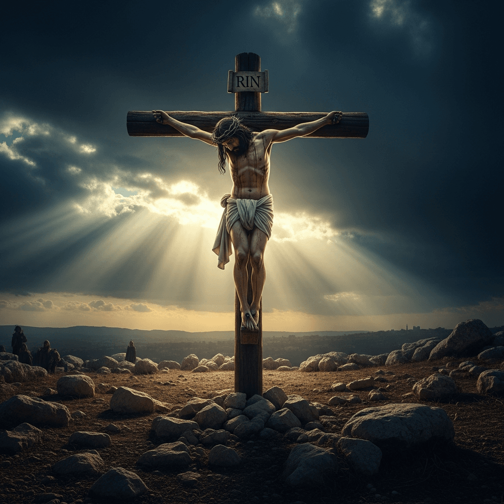 AI generated: “Jesus on the cross at Golgotha, darkened skies, dramatic lighting breaking through clouds, cinemati...