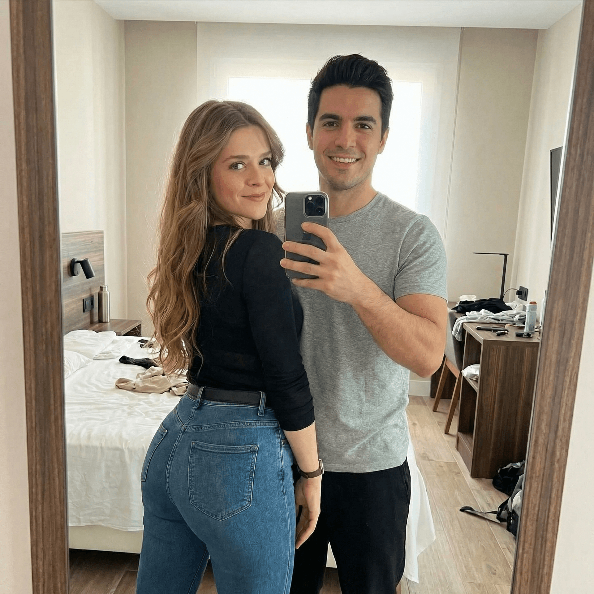 AI generated: At Home, bedroom, mirror Selfie from behind showing sexy my back