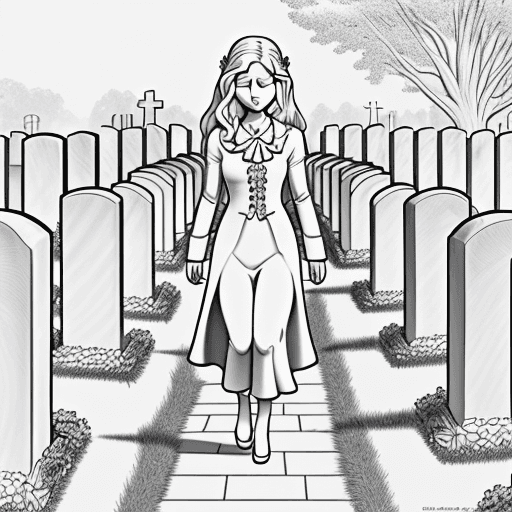 AI generated: cemetery coloring page, a cemetery, with many tombstones, a beautiful angel walks, with a tender loo...