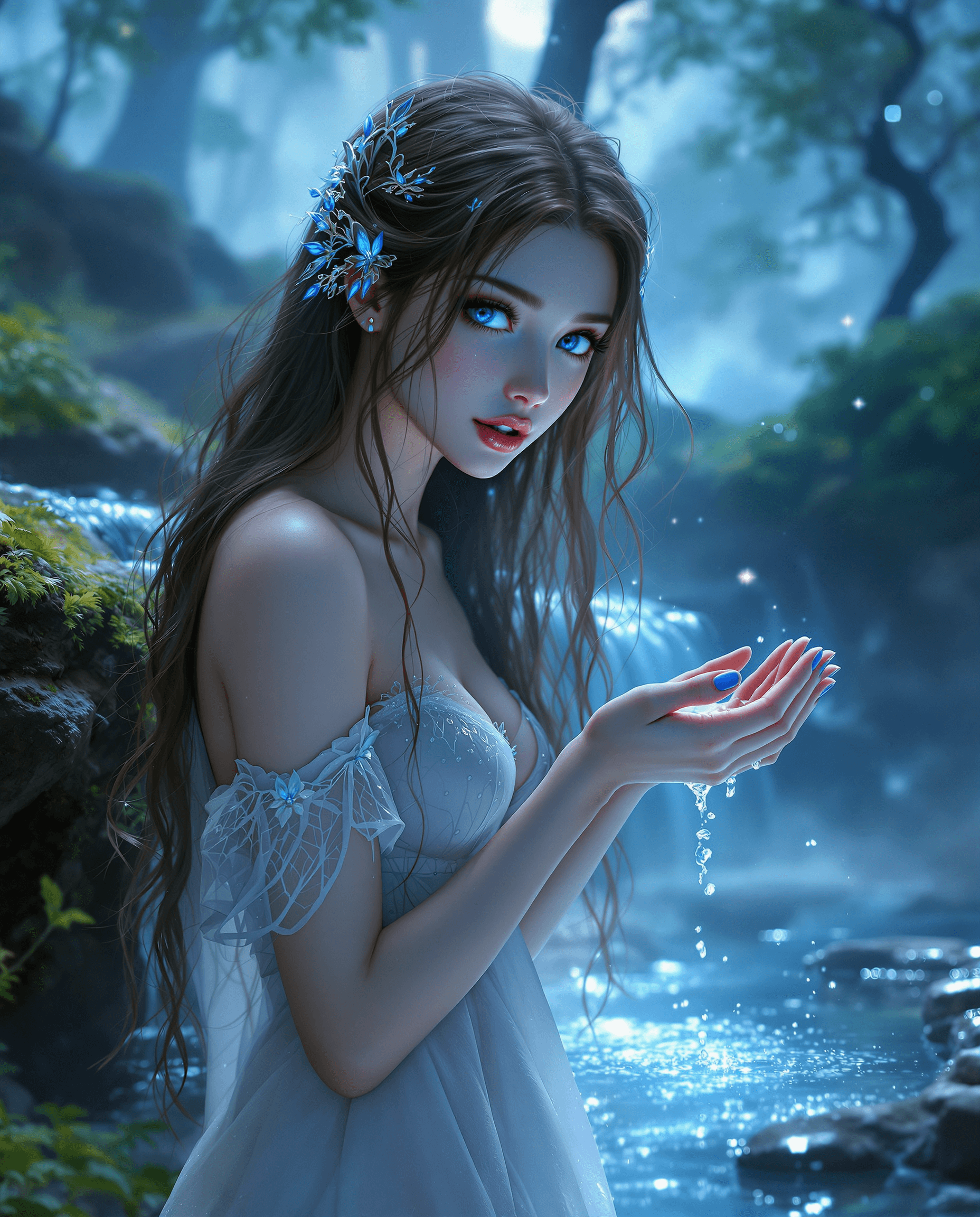 AI generated: A stunning fantasy image of an ethereal fairy princess she is (25-years-old) with glowing sapphire-b...