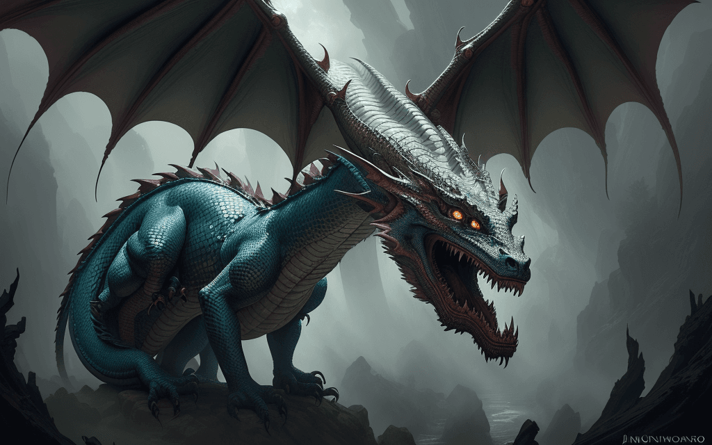 AI generated: incredible detailed shot of a magnificent dragon waking up from a thousand years of sleep, the gaze ...