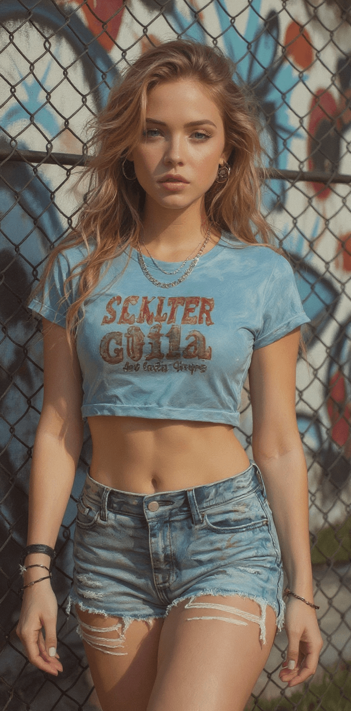 AI generated: A photorealistic portrait of an athletic woman in denim shorts and a t-shirt She is leaning against ...