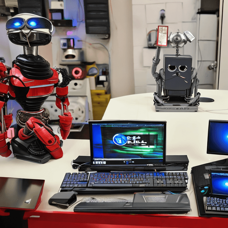 AI generated: In the background there are personal computers, keyboards, monitor, different pc components. In the ...