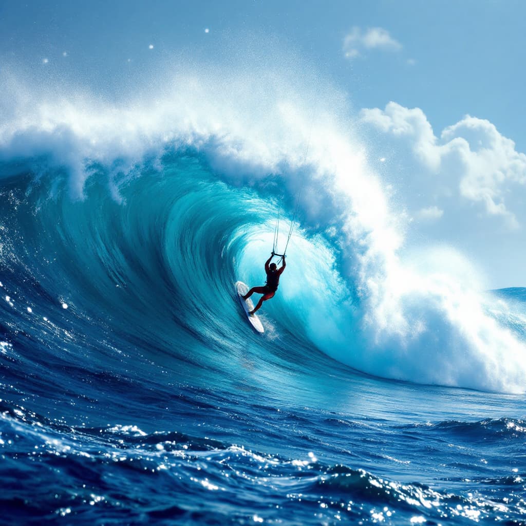 AI generated: a kite surf on the top of a big wave hyper realisitc

