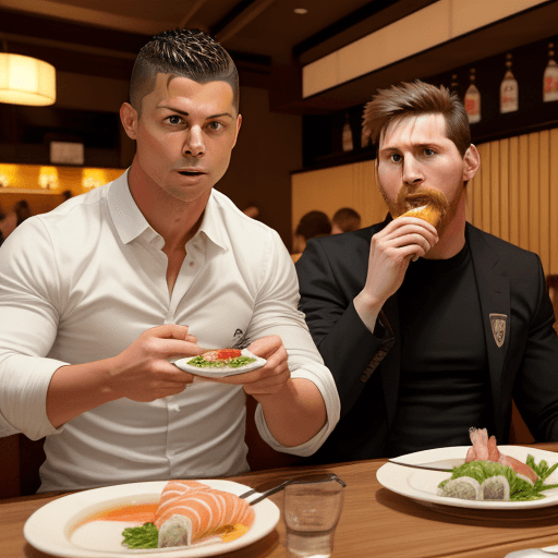 AI generated: Ronaldo and messi eating Sushi Realismus in a resturand with a Beer


