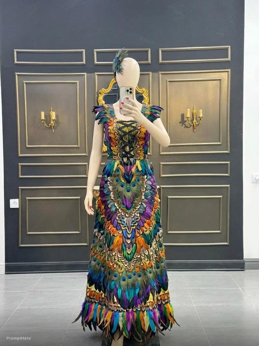 AI generated:   The image features a mannequin wearing a colorful dress. The dress is adorned with a feathered des...