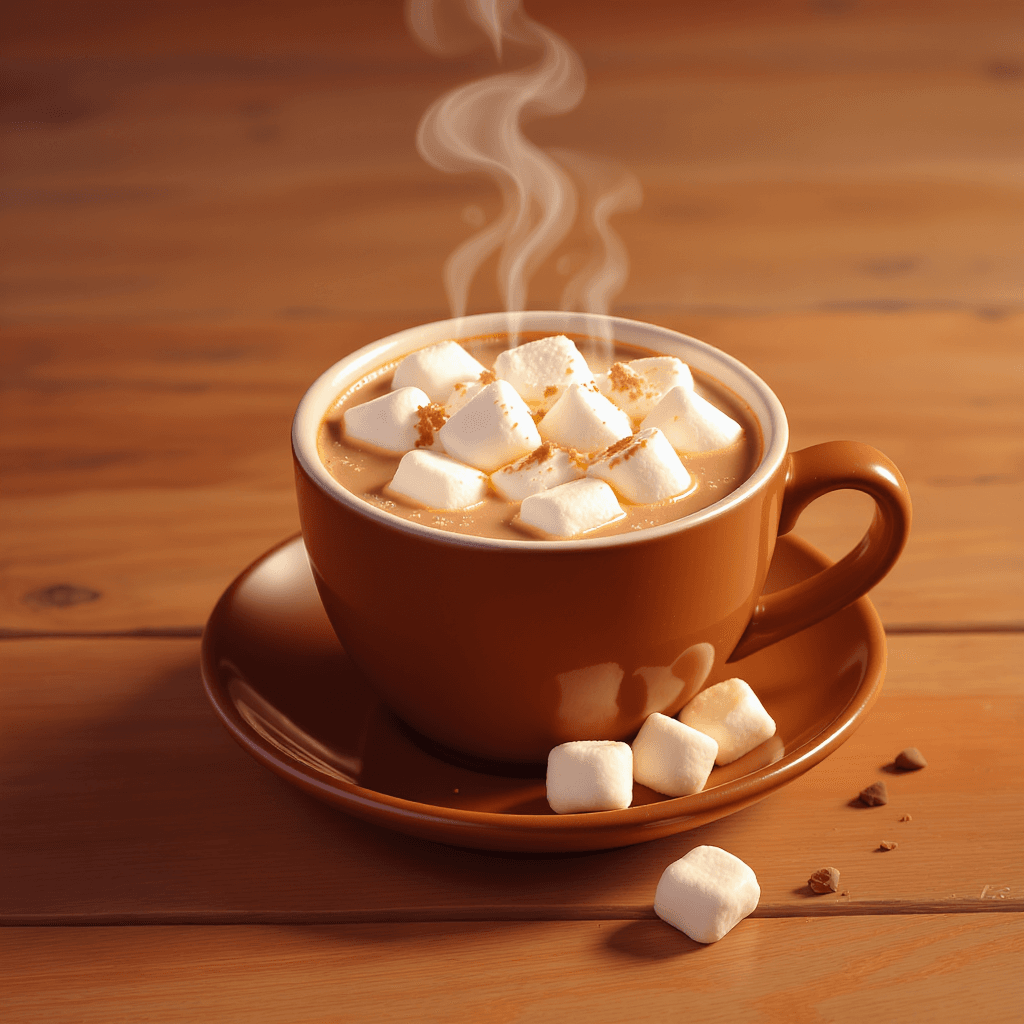 AI generated: 3D steaming cup of hot cocoa with marshmallows on a wooden table