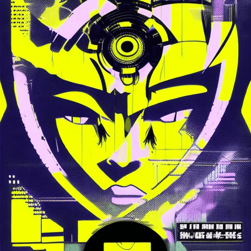 AI generated: early techno rave music flyer inspired by ghost in the shell, 90s manga aesthetic, expressive face, ...