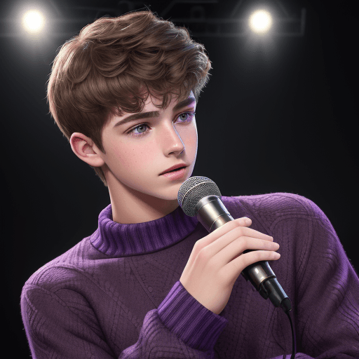 AI generated: High resolution photography ,Handsome guy, 15 year old boy, purple sweater, singer, beautiful eyes, ...