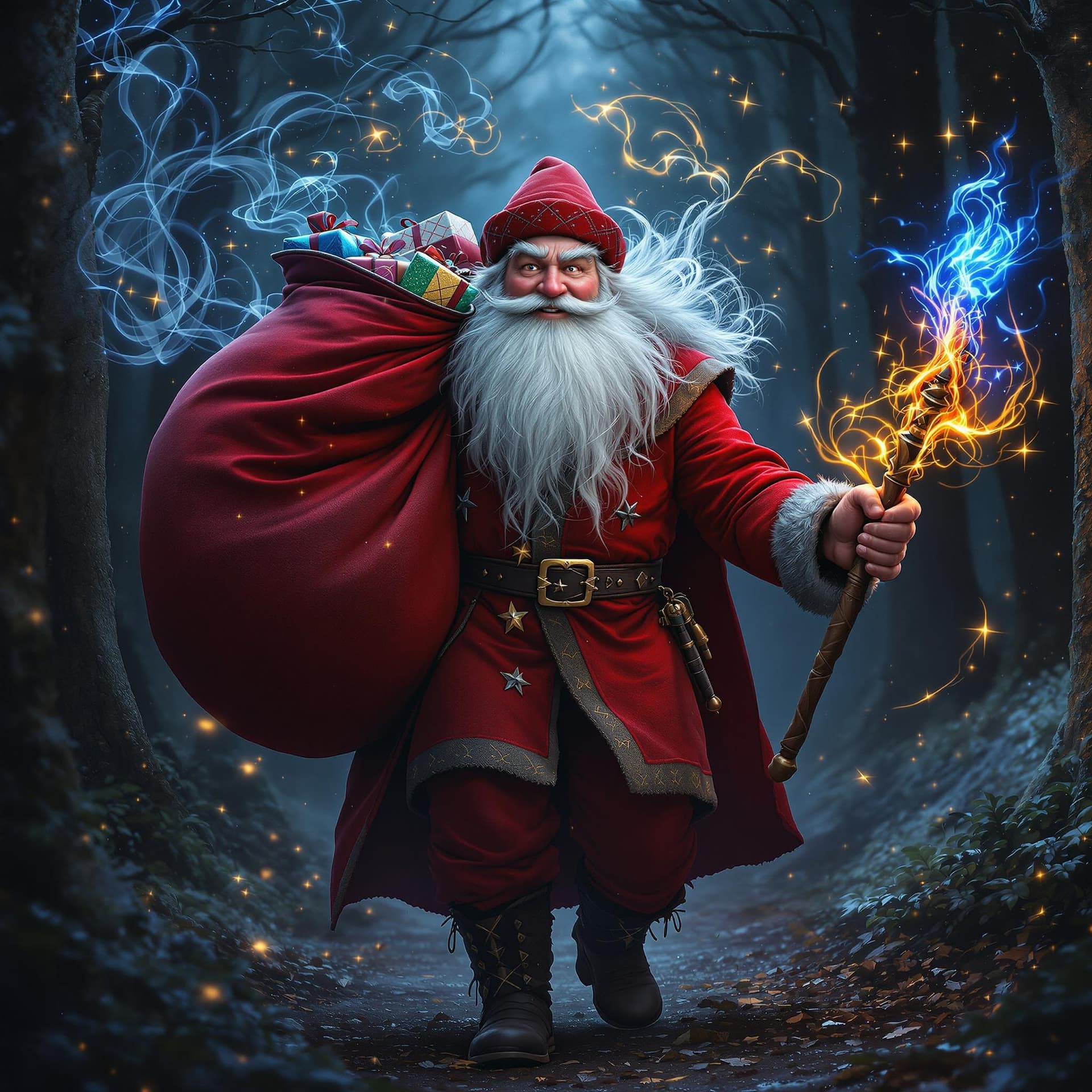 AI generated: movie poster, pleased kind russian uncle frost wearing red rocker clothes is depicted in an action p...