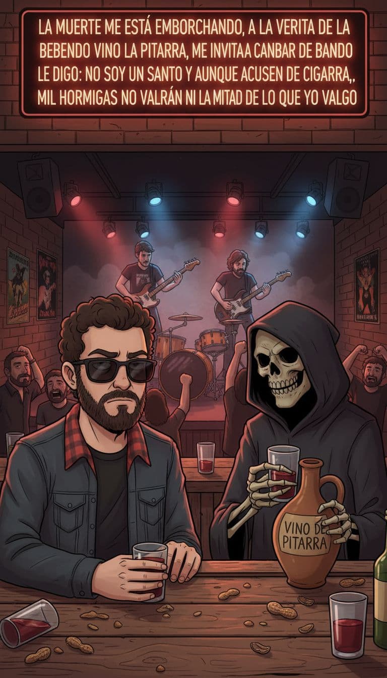 AI generated: Quiero que me des la imagen del tipo de referencia bebiendo con la muerte en un bar de rock and roll...