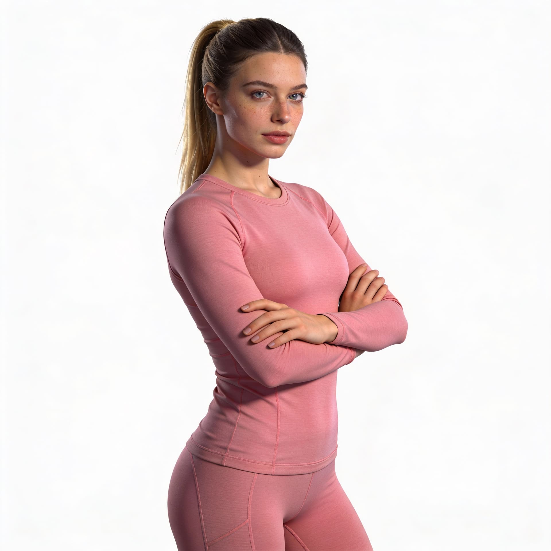 AI generated: Ultra-realistic full-body photo of an adult woman with dark blonde hair in a sleek ponytail.
She has...