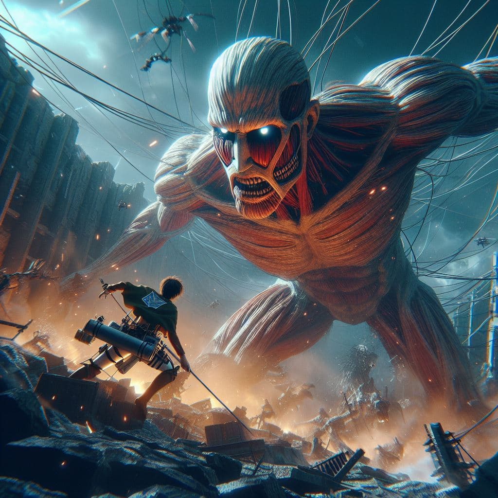 AI generated: a visually stunning 3D scene featuring Eren Yeager in a fierce battle with a colossal Titan from Att...