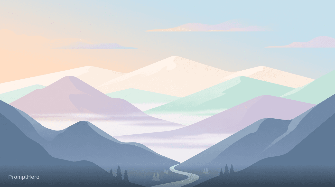 AI generated: minimalist mountain landscape, soft pastel colors, misty valleys, calm and peaceful
