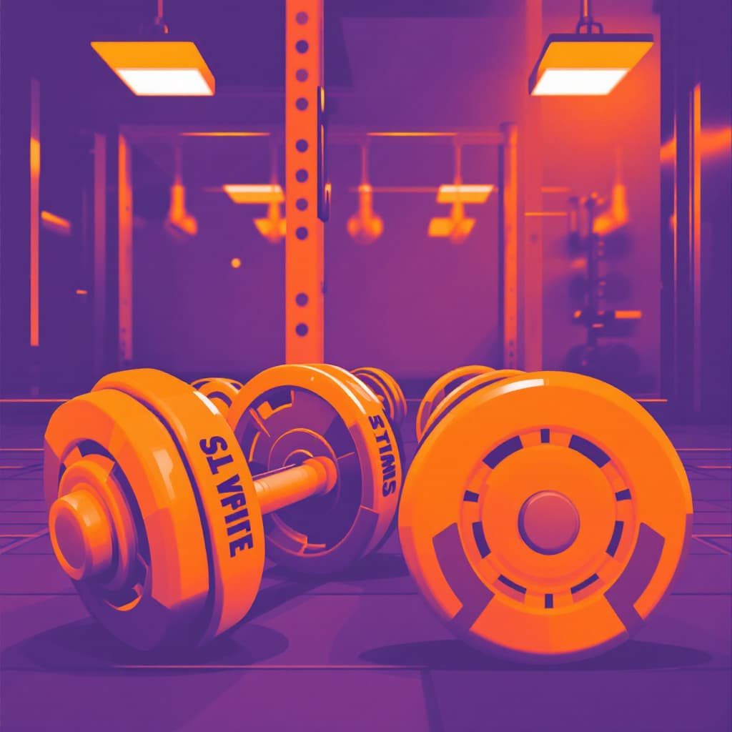 AI generated:  poster, orange and purple, gym, weights, dumbbells, 
