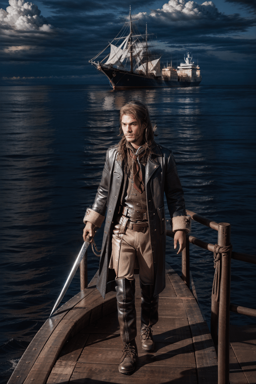 AI generated:   Head to toe image ,  pirate male standing on deck of vessel ,grinning,black bandana on head, foot ...