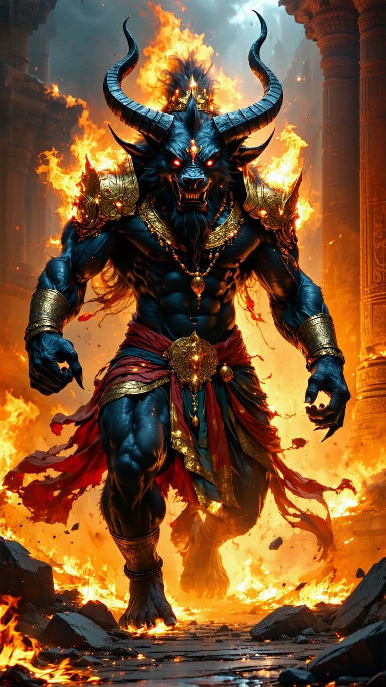 AI generated: "A colossal Rakshasa demon emerges from a burning battlefield, its skin ashen gray and covered in de...