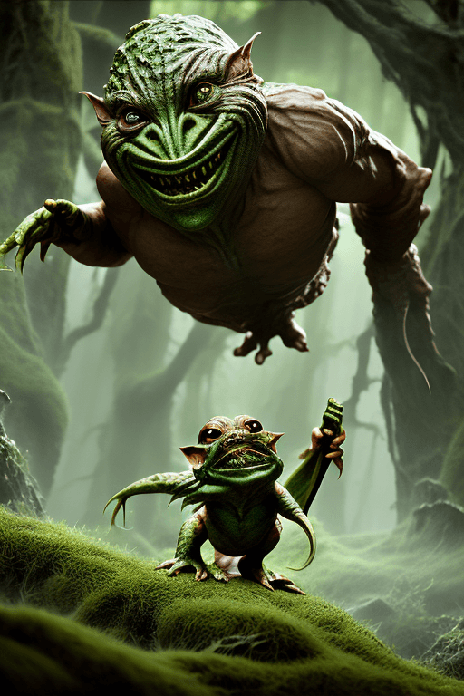 AI generated: lord of the bogtrolls, fights a gremlin, natural habitat, secret, sneaky, devious, masters, 8k, nani...
