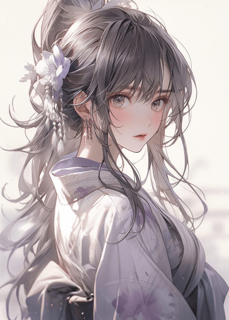 AI generated: 4k anime girl in a kimono and purple clothing, in the style of photo-realistic drawings, light white...