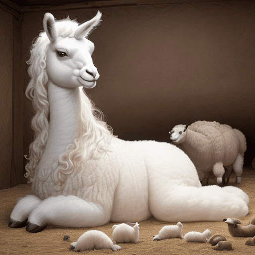 AI generated: animal llama in the background the animal is lying down, it has fluffy white fur, this animal gave b...